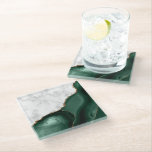 White Marble Gilded Emerald Green Agate Glass Coaster<br><div class="desc">This elegant glass coaster features a digital image of white marble and emerald green agate trimmed with faux gold glitter.</div>