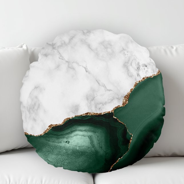White Marble Gilded Emerald Green Agate Round Pillow (Creator Uploaded)