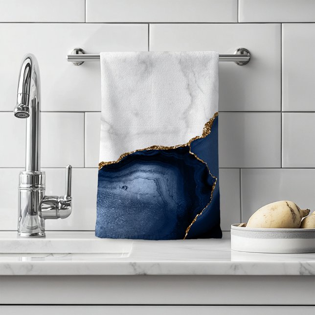 White Marble Gilded Navy Blue Agate Hand Towel (Creator Uploaded)