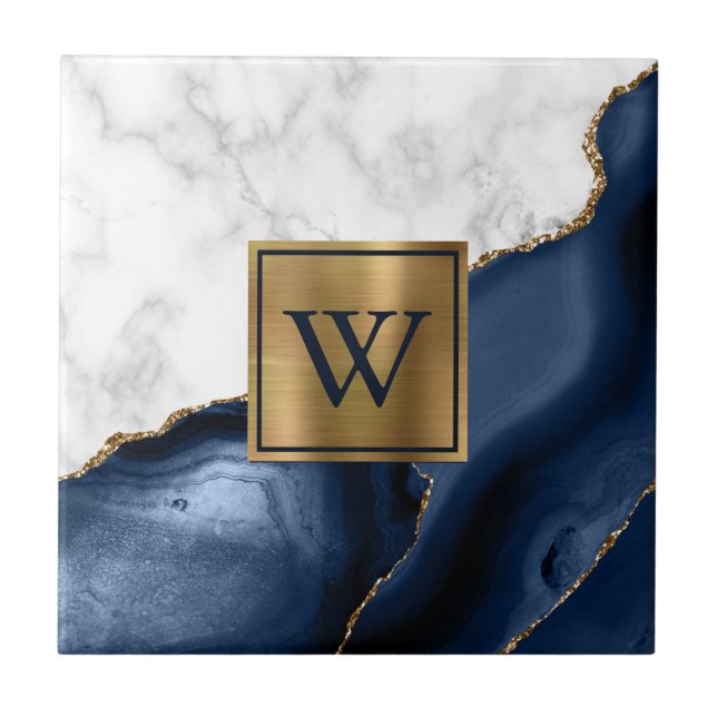 White Marble Gilded Navy Blue Agate Monogram Tile (Front)