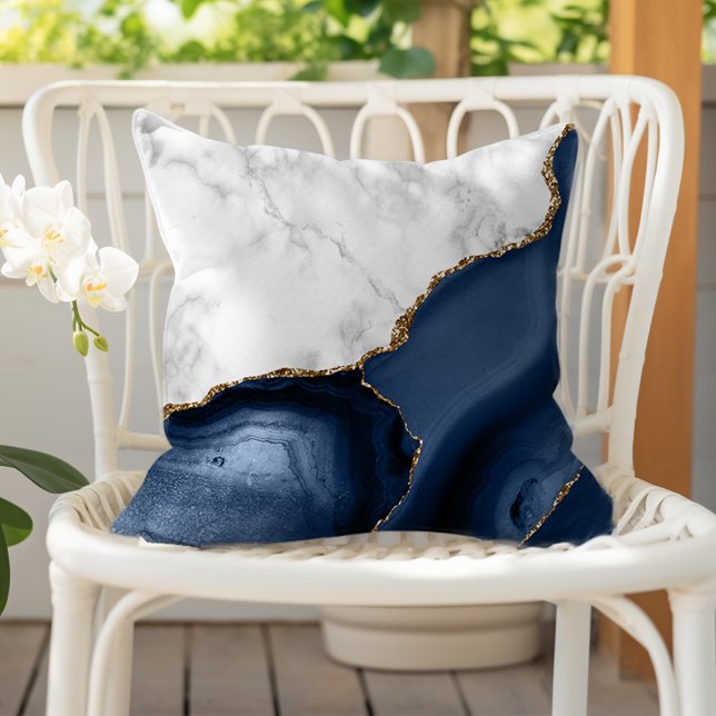 White Marble Gilded Navy Blue Agate Outdoor Pillow (Creator Uploaded)
