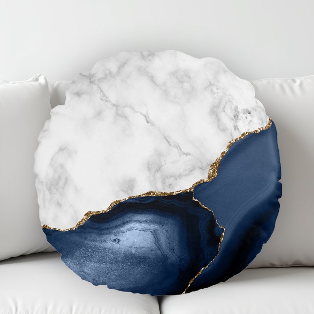 White Marble Gilded Navy Blue Agate Round Pillow (Creator Uploaded)