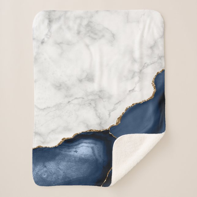 White Marble Gilded Navy Blue Agate Sherpa Blanket (Front)