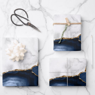 White Marble Gilded Navy Blue Agate Wrapping Paper Sheet