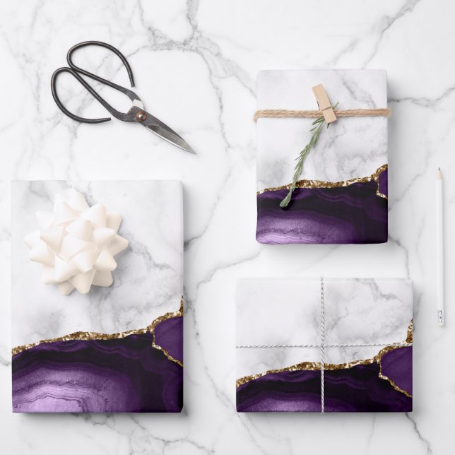 White Marble Gilded Purple Agate Wrapping Paper Sheet (Front)