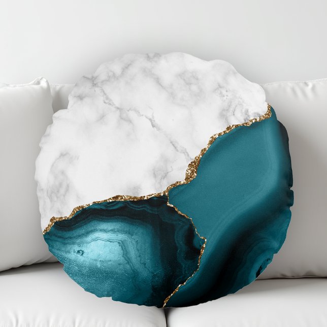 White Marble Gilded Teal Agate Round Pillow (Creator Uploaded)