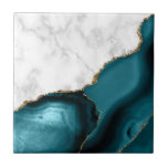 White Marble Gilded Teal Agate Tile<br><div class="desc">Elegant white marble and teal agate gilded with faux gold glitter combine in this luxurious ceramic tile.</div>
