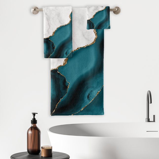 White Marble Gilded Teal Blue Agate Bath Towel Set (Creator Uploaded)