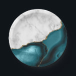 White Marble Gilded Teal Blue Agate Paper Plate<br><div class="desc">Elegant white marble and teal blue agate gilded with faux gold glitter combine in this luxurious design.</div>