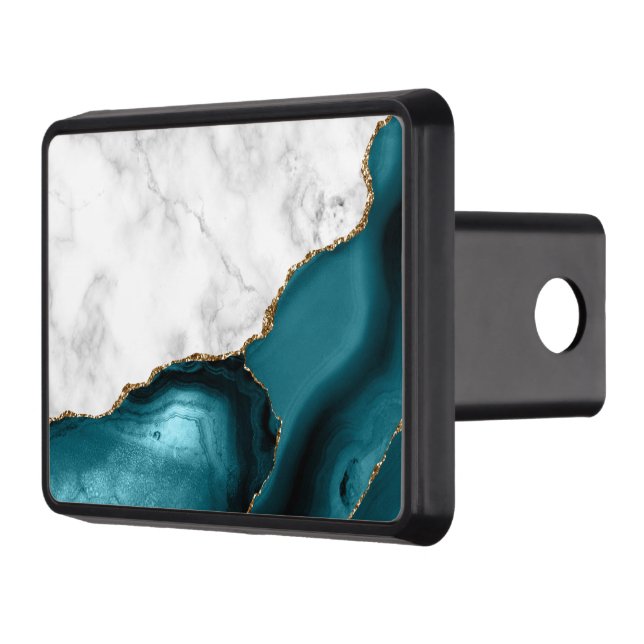 White Marble Gilded Teal Blue Agate Trailer Hitch Cover (Left)