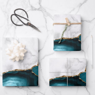 White Marble Gilded Teal Blue Agate Wrapping Paper Sheet