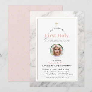 White Marble Girl Photo First Holy Communion Invitation