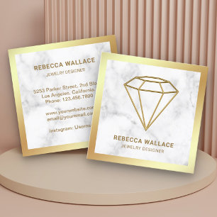 White Marble Gold Foil Geometric Diamond Jeweler Square Business Card