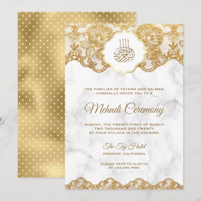 White Marble Gold Foil Lace Islamic Mehndi Invitation (Front/Back)