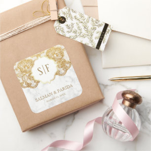 White Marble Gold Foil Lace Monogram Wedding Favou Square Sticker
