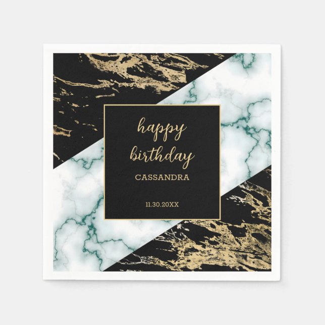 White Marble Gold Foil Paint Texture Birthday Napkin (Front)