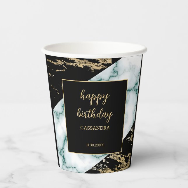 White Marble Gold Foil Paint Texture Birthday Paper Cups (Back)