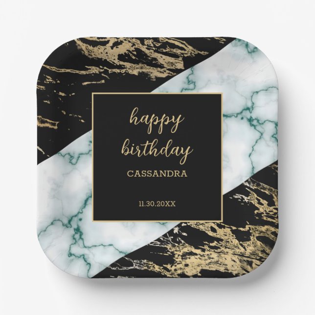 White Marble Gold Foil Paint Texture Birthday Paper Plate (Front)