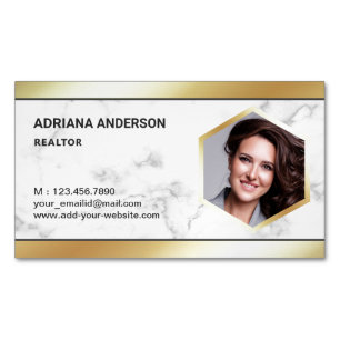 White Marble Gold Foil Real Estate Photo Realtor Magnetic Business Card
