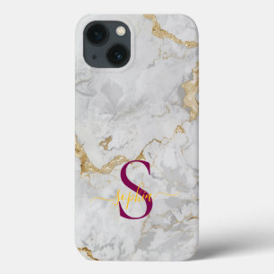 white marble gold glitter monogram iPhone 13 case