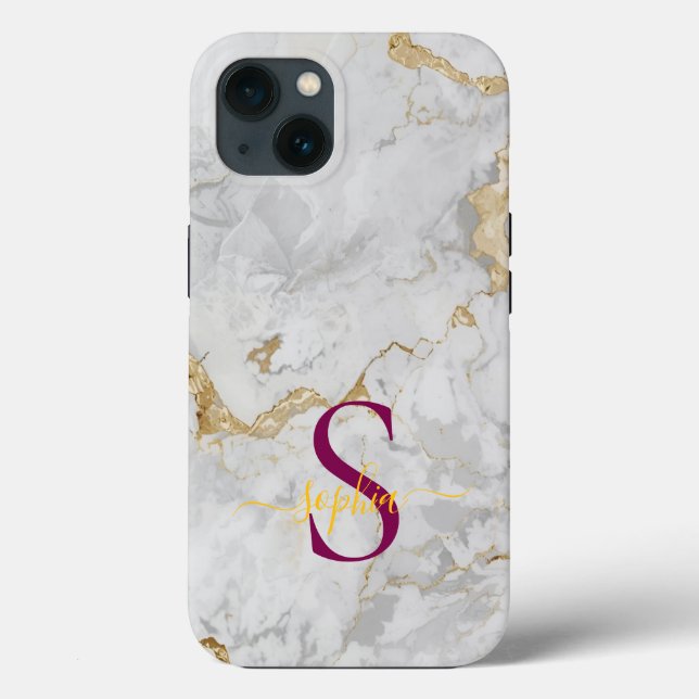 white marble gold glitter monogram Case-Mate iPhone case (Back)
