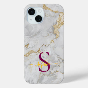 white marble gold glitter monogram iPhone 15 case
