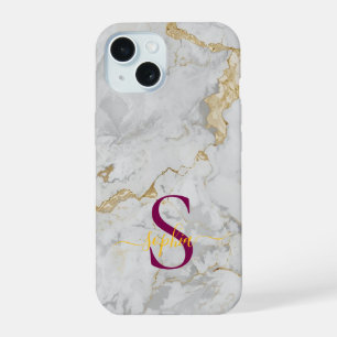 white marble gold glitter monogram iPhone 15 case