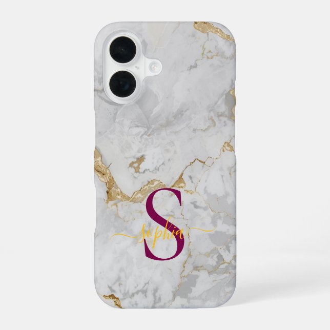 white marble gold glitter monogram iPhone 16 case (Back)