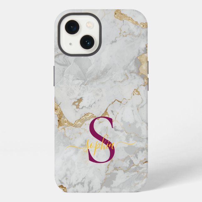 white marble gold glitter monogram iPhone case (Back)