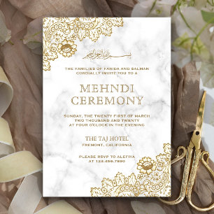 White Marble Gold Lace Islamic Mehndi Ceremony Invitation