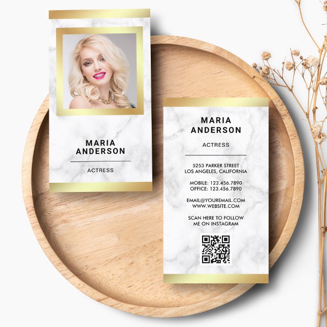 White Marble Gold Model Actress QR Code Photo Business Card (Creator Uploaded)
