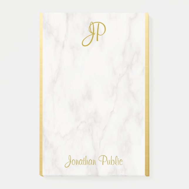 White Marble Gold Monogram Personalized Template Post-it Notes (Front)