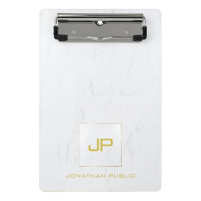 White Marble Gold Monogram Professional Modern Mini Clipboard (Front)