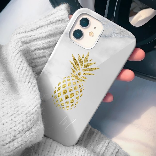 White Marble Gold Pineapple Monogram Case-Mate iPhone Case (Creator Uploaded)