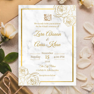 White Marble Gold Rose Nikah Islam Muslim Wedding Invitation