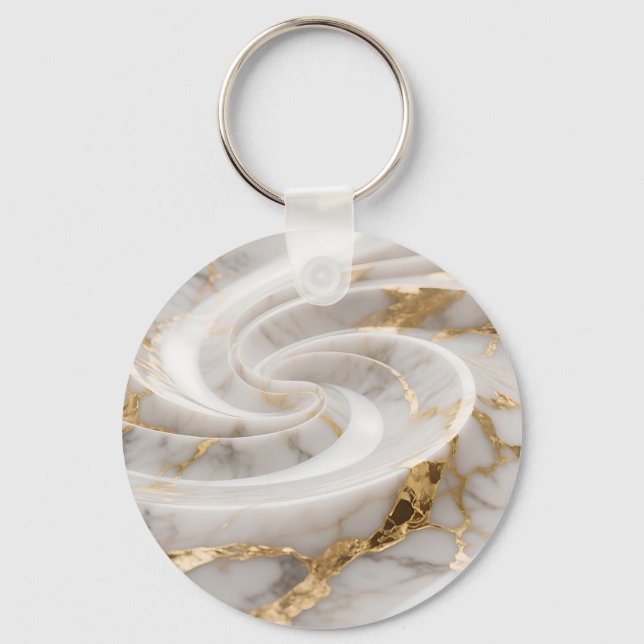 White Marble Gold Swirl Pattern Keychain (Front)