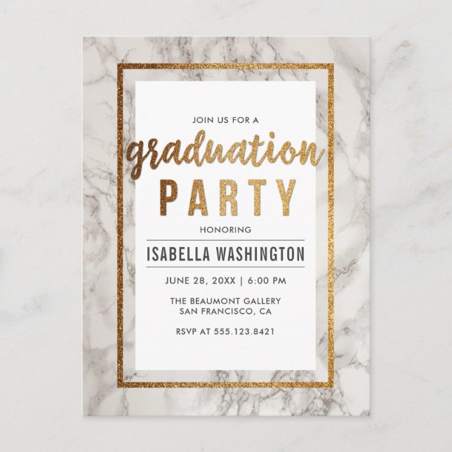White Marble & Gold Typography Graduation Party Invitation Postcard (Front)