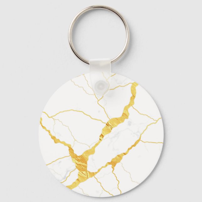 White Marble Gold Veins Pattern Keychain (Front)