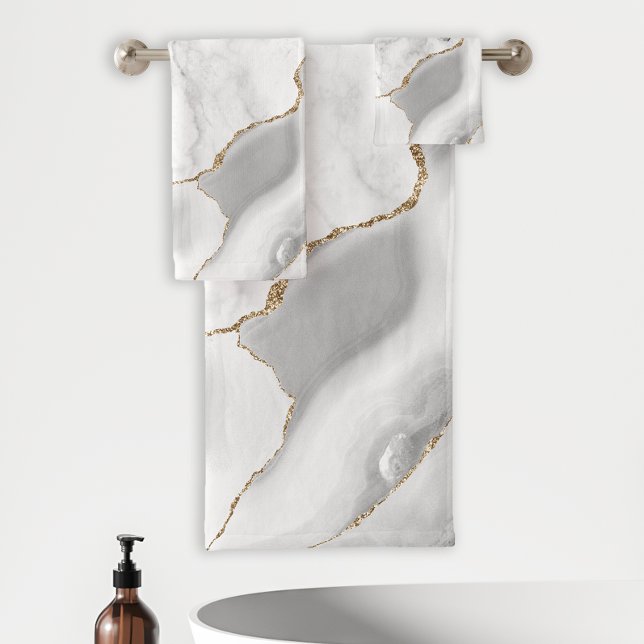 White Marble Grey Agate Gold Glitter Bath Towel Set (Creator Uploaded)