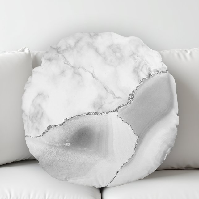 White Marble Grey Agate Silver Glitter Round Pillow (Creator Uploaded)