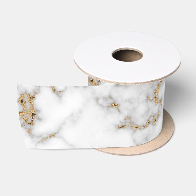 White Marble Grey & Gold Veining Satin Ribbon (Spool)