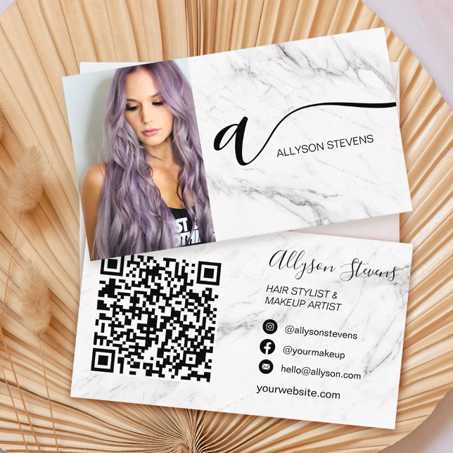 White marble hair makeup photo initial qr code business card (Creator Uploaded)