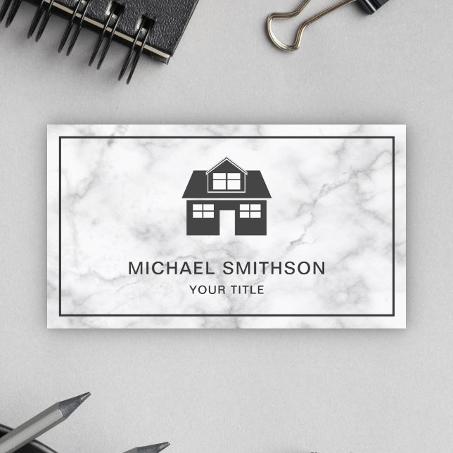 White Marble Home Icon Real Estate Agent Business Card (Creator Uploaded)