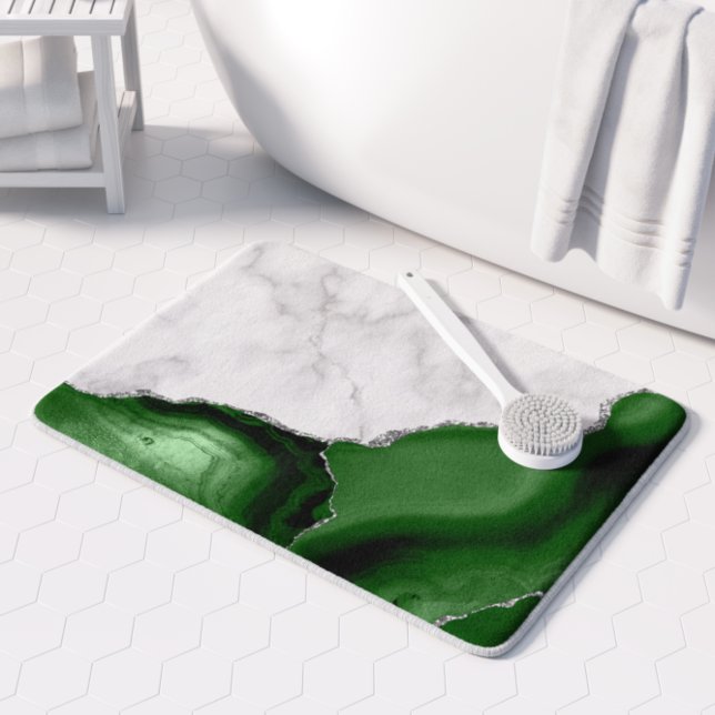 White Marble Hunter Green Agate Silver Glitter Bath Mat (Creator Uploaded)