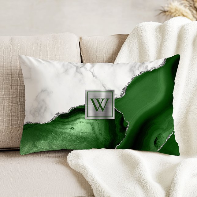 White Marble Hunter Green Agate Silver Monogram Accent Pillow (Creator Uploaded)