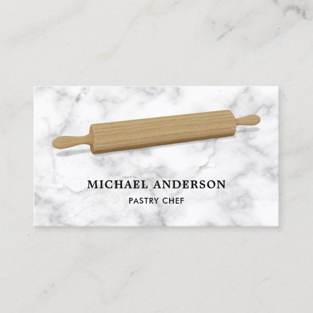 White Marble Kitchen Wood Rolling Pin Pastry Chef Business Card (Front)