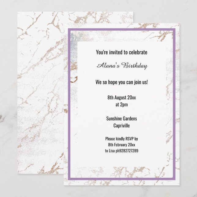 WHITE MARBLE LILAC PURPLE THIN TRIM BIRTHDAY INVITATION (Front/Back)