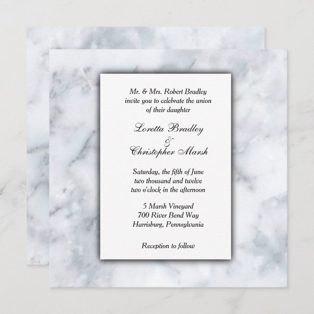 White Marble Look Wedding Invitation (Front/Back)