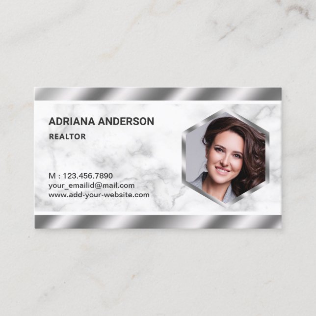 White Marble Metallic Real Estate Photo Realtor Business Card (Front)