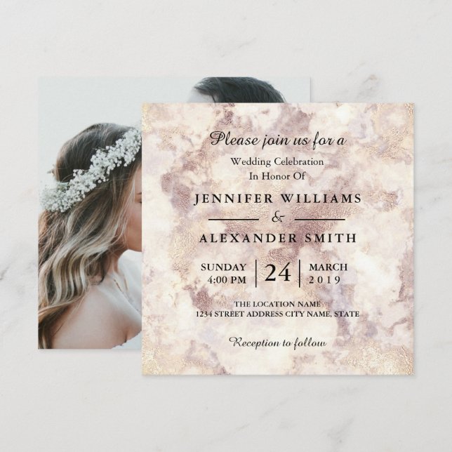 White Marble Minimalist Photo Wedding Invitation (Front/Back)